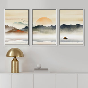 IDEA4WALL Chinoiserie " Rising Sun Behind The Mountain, Rowing Boat On The Misty Lake, And Flying Birds In The Sky " 3 - Pieces