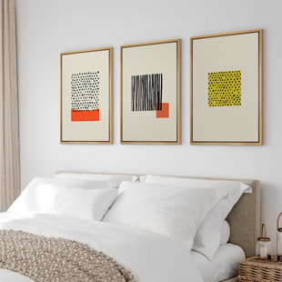 IDEA4WALL Geometric Line Minimalist Abstract Lines Yellow Organic Modern Boho Framed Canvas 3 Pieces Pictures Print Wall Art