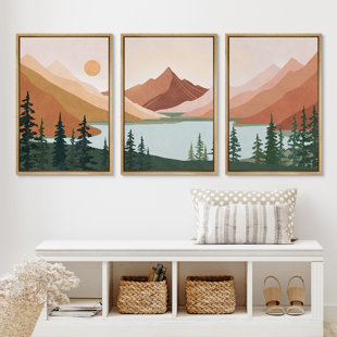 IDEA4WALL Sun Mountain Landscape Forest Lake Abstract Minimal Nature Scene Framed Canvas 3 Pieces Print Art