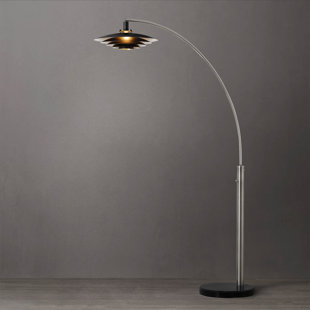 NOVA OF CALIFORNIA Rancho Mirage 1 Light Arc Floor Lamp - 83", Antique Nickel Finish, Matte Black & Silver-Leaf Shade