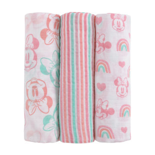 NoJo Disney Minnie Mouse Pink, Aqua, and White 3 Piece Muslin Swaddle Baby Blanket Set (Set of 3)