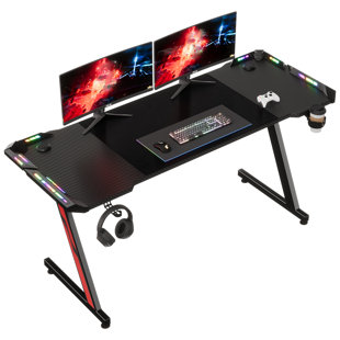 INBOX ZERO Black Gaming Desk LED Light Computer With Headphone Hook and Cup Holder Home Office Desk