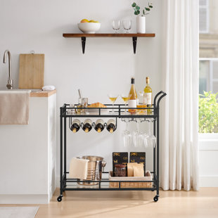 EBERN DESIGNS Bar Cart, Drinks Trolley, Home Bar Serving Cart, Wine Cart with 2 Mirrored Shelves, Wine Holders