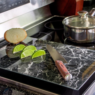 PSA LABORATORY FURNITURE LLC Tempered Glass Stove Burner Cover & Cutting Board ， Black Marble