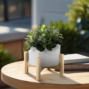 WADE LOGAN® Ceramic Planter Trendy White Planter Elevated on Wooden Stand with Chevron Design