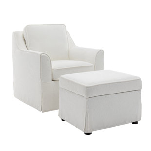 WOVENBYRD Woodcrest Classic Club Swivel Chair And Ottoman Set - Cream Fabric