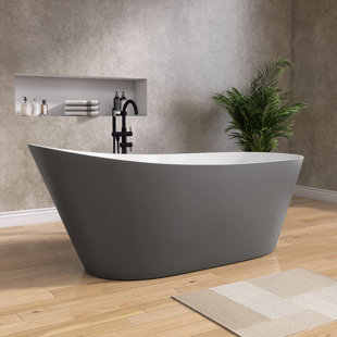 ZEAFIVE Free Standing Tub 59" Acrylic Freestanding Bathtub Adjustable Soaking Bath Tub Oval Shape