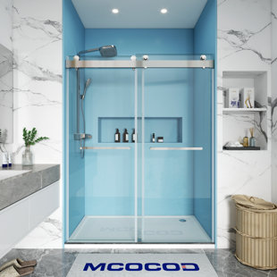 MCOCOD 76" W x 76" H x 2/5" THK Tempered Glass Double Smooth Sliding Frameless Shower Door with 2 Towel Bar Handle & Soft-Close Function