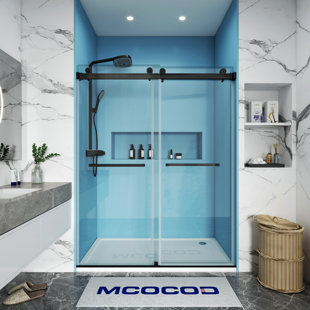 MCOCOD 54" W x 76" H x 2/5" THK Tempered Glass Double Smooth Sliding Frameless Shower Door with 2 Towel Bar Handle & Anti-Collision Function