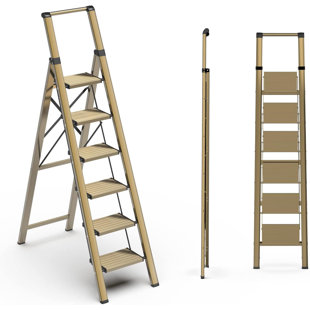WFX UTILITY™ Gold Aluminum Folding Ladder, 300Lbs Capacity, Anti-Slip, Lightweight, With Handrail, Portable And Space-Saving For Home & Office