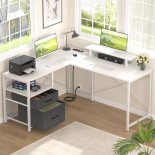 INBOX ZERO Mykyla L Shaped Computer Desk With Storage File Drawer, Reversible Home Office Desk With Monitor Stand And Recessed Power Strip