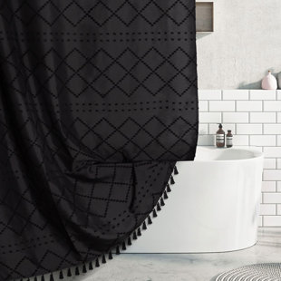 HUDSON & ASHTON LLC Black Modern Farmhouse Minimalist Style Woven Fabric Shower Curtain With Tassels Tufted Herringbone Stripes, Shabby Elegance Texture, Waterproof Curtain