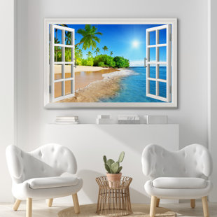 IDEA4WALL Window Scenery Sunny Blue Sky Tropical Beach Coastal Palm Trees On Canvas Photograph Print Wall Art