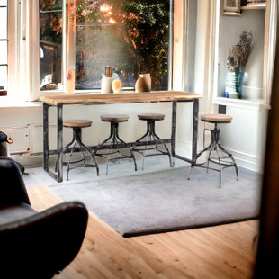 DESIGNE GALLERIE Live Edge Console Table with 4 Adjustable Stools, Made with Solid Wood and Metal, 82x22x36