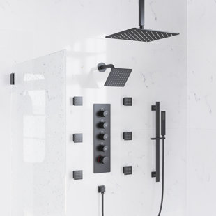 GRANDJOY TwilightRain 16" Rainfall Ceiling and 6" Wall Mount Dual Shower Heads, Handheld Spray with Slide Bar