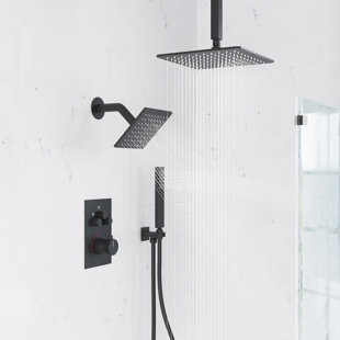 GRANDJOY MultiplePress Shower Head Set 12" Ceiling 6" Wall Mount Rainfall Dual Shower Head Handheld Spray