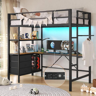 MASON & MARBLES Twin Metal Loft Bed With L-shaped Desk, Led Lights,charging Station Led Loft Bed Frame Twin Size With 3 Storage Shelves And 3 Fabric Drawers, Safety Guard & Ladder, No Box Spring Needed