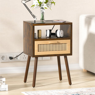 FOREVICH Rattan Nightstand with Charging Station