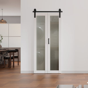 DOOOLI 1-Lite Frosted Glass Surfaced Sliding Interior Bifold Barn Door With Hardware Kit