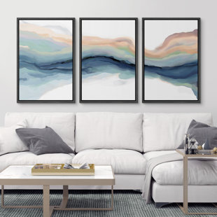 SIGNLEADER " Pastel Watercolor Teal Brown Multicolor Paint Stroke Abstract Landscape " 3 - Pieces Painting Print