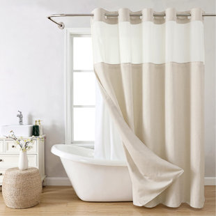 HUDSON & ASHTON LLC Linen Textured Shower Curtain With Snap-On Fabric Lining Set With Mesh Top Window, Waterproof And Washable, No Hooks Required