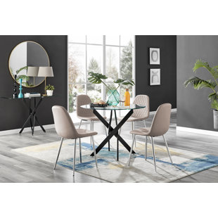 CANORA GREY Tierra Modern Chrome Metal & Glass Round Dining Table Set with 4 Luxury Faux Leather Chairs