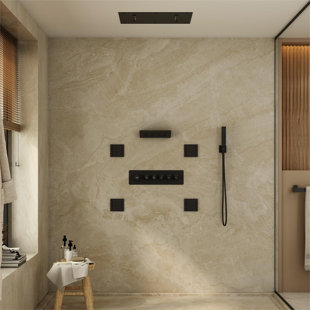 CASAINC 23" L x 16" W 5-Function Flush Mount Thermostatic Shower System With Neck Massage Spout and 4 Body Jets