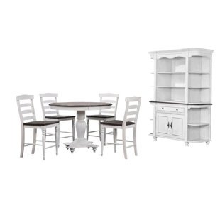 Sunset Trading French Chic 48" Round Adjustable 30”H Or 36” Counter Height Pedestal Dining Table Set | China Cabinet W Storage, Drawer, Open Shelves & 4 Stools | Distressed White & Brown Wood |Seats 6