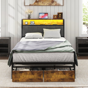 SUMIJ Upholstered Platform Bed Frame with Storage Drawers, USB Ports, LED Lights, Upholstered Wingback Headboard