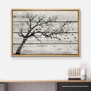 IDEA4WALL Tree With Leaves In Black And White On Vintage Wood Effect Background Rustic Canvas Print Wall Art