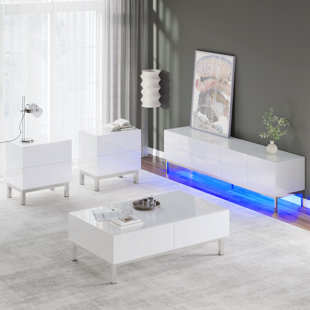 BRAYDEN STUDIO® Eildhi 4-Piece Modern High Gloss Living Room Table Sets, Includes 1 X Modern Minimalist TV Stand With LED Lights, 1 X Coffee Table, 2 X Side Tables With Storage Shelves, Grey