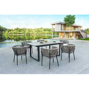 VIG FURNITURE Suntide - Outdoor Grey Fabric + Grey Acacia + Rattan Dining Set