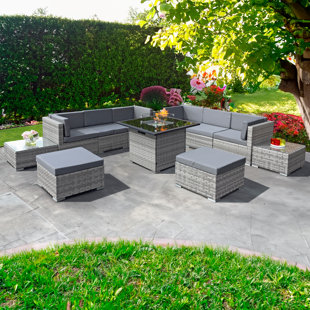 OSEASONS Trinidad Deluxe Rattan 8 Seat Firepit Modular Set in Dove Grey