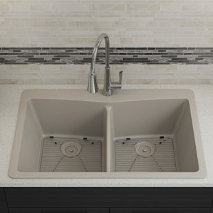 LEXICON QUARTZ Lexicon Platinum 33-Inch Quartz Composite Drop-in Undermount 50/50 Double Bowl Kitchen Sink with Rear Drain Style includes Accessories 2 Stainless Steel Grids, 1 Basket Drain Strainer, and Flange