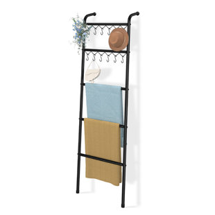 FAST APPLIANCES LLC Blanket Ladder，5-Tier Metal Towel Rack With 12 Hooks, (79'') Metal Style Decorative Ladder For The Living Room Bedroom Bathroom Home Decor, Black