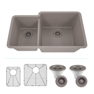LEXICON QUARTZ 32" x 19" Quartz Kitchen Sink, 40/60 Double Bowl Sink, Drop-in Sink, Undermount Sink, Granite Kitchen Sink, with 2 Steel Grids and Basket Strainer, Disposal Flange