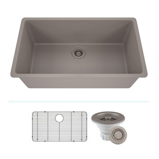LEXICON 32" x 19" Quartz Kitchen Sink, Single Bowl Sink, Drop-in Sink, Undermount Sink, Granite Kitchen Sink, with Steel Grids and Basket Strainer, Disposal Flange