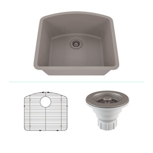LEXICON QUARTZ 23" x 21" Quartz Kitchen Sink, D Shape Single Bowl Sink, Drop-in Sink, Undermount Sink, Granite Kitchen Sink, with Steel Grids and Basket Strainer