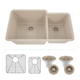 LEXICON QUARTZ Lexicon Platinum 32 Inch Quartz Composite Drop-in Undermount Kitchen Sink Double Bowl 60/40 Includes Accessories 2 Stainless Steel Grid and 1 Decorative Color Matched Basket Strainer 1 Disposal flange
