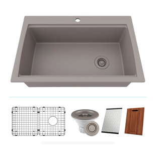 LEXICON QUARTZ LEXICON 33" x 22" Workstation Kitchen Sink, Platinum Quartz Kitchen Sink, Single Bowl Sink, Drop-in Sink, Undermount Sink, Granite Kitchen Sink, with wooden cutting board, rollup drain mat, Steel Grids and Basket Strainer, Disposal Flange