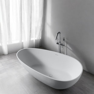 KISRAIS 59"x30" Matte White Solid Surface Freestanding Soaking Bathtub