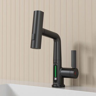 AWZTOO LED Temperature Digital Display Bathroom Faucet With Pull Out Sprayer Single Hole Lift Bathroom Sink Faucets Single Handle Stainless Steel Bathroom Basin Taps