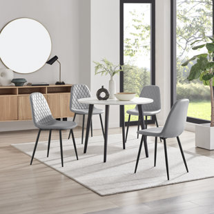 FURNITURE BOX Bulkley Oak Effect Round Dining Table & 4 Faux Leather Dining Chairs - Melamine Scratch Resist Top