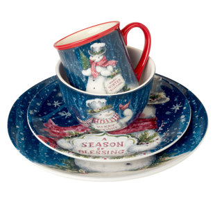 CERTIFIED INTERNATIONAL Snowman Greetings 16pc Ceramic Dinnerware Set 4 Dinner 4 Dessert Plates 4 Mugs 4 Ice Cream Bowls (Set of 16)