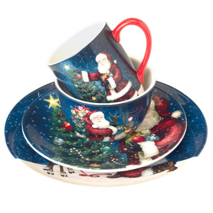 CERTIFIED INTERNATIONAL Santa's Secret 16pc Ceramic Dinnerware Set 4 Dinner 4 Dessert Plates 4 Mugs 4 Ice Cream Bowls (Set of 16)