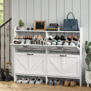 GRACIE OAKS 32 Pair Shoe Storage Cabinet with 4 Flip Drawers,Farmhouse Shoe Cabinet for Entryway