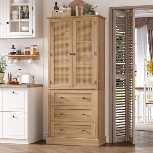 BAY ISLE HOME™ Ashlon 73" Kitchen Pantry With Adjustabel Shelf, Rattan Door Pantry Cabinet With Removable Wine Rack