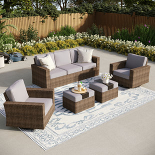 ALPHAMARTS 7 - Person Outdoor Wicker Patio Conversation Furniture Set With Fire Pit Table