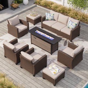 ALPHAMARTS 9 - Person Outdoor Wicker Patio Conversation Furniture Set With Fire Pit Table