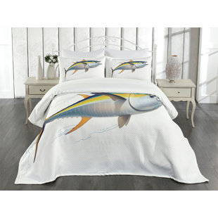 Ambesonne Fish Bedspread Set Realistic Yellowfin Tuna Earth Yellow Blue